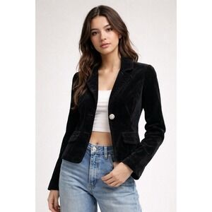 Copper Key Black Velvet Blazer Jacket Women's Small Fitted One Button Goth Y2K